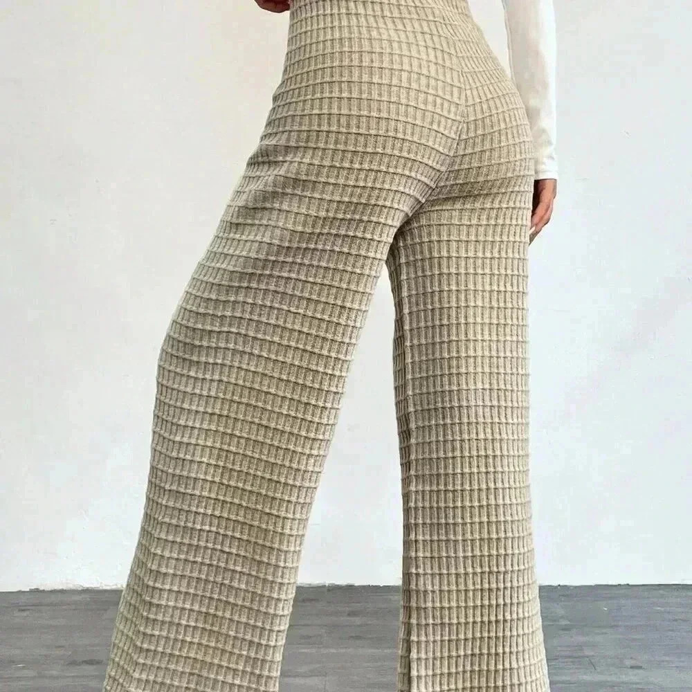 Khaki Casual Women's Flare Knitted Pants - Picture 2 of 6